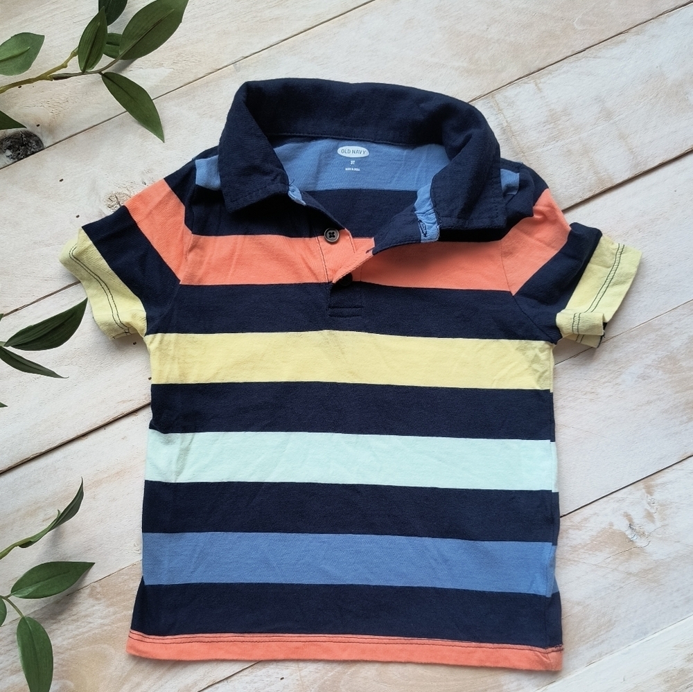 Old Navy Boys Striped Short Sleeve Polo Dress Shirt Multi Colored 3T